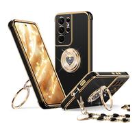 XYZ for Galaxy S21 Ultra Case with Stand, for Samsung Galaxy S21 Ultra Case with Double Ring, Women Girls Bling Luxury Protective Phone Case Heart for Samsung S21 Ultra, Black