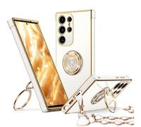 XYZ for Galaxy S24 Ultra Case with Stand, for Samsung Galaxy S24 Ultra Case with Double Ring, Women Girls Bling Luxury Protective Phone Case Heart for Samsung S24 Ultra, White