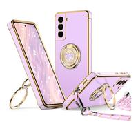 XYZ for Samsung Galaxy S21 Case with Stand, S21 Phone Case with Lanyard for Women Girls, Double Ring Bling Luxury Heart Protective Phone Case for Samsung Galaxy S21, Purple