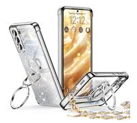 XYZ for Samsung Galaxy S21 FE Case with Stand, Galaxy S21 FE Case with Double Ring, Women Girls Bling Luxury Glitter Clear Phone Case Cover Heart for Samsung Galaxy S21 FE, Silver