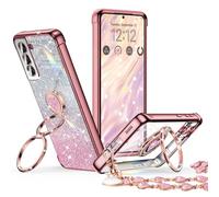 XYZ for Samsung Galaxy S21 Plus Case with Stand, Galaxy S21 Plus Case with Double Ring, Women Girls Bling Luxury Glitter Clear Phone Case Cover Heart for Samsung Galaxy S21 Plus, Rose Gold