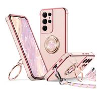 XYZ for Samsung Galaxy S21 Ultra Case with Stand, S21 Ultra Phone Case with Lanyard for Women Girls, Double Ring Bling Luxury Heart Protective Phone Case, Pink