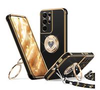 XYZ for Samsung Galaxy S21 Ultra Case with Stand, S21 Ultra Phone Case with Lanyard for Women Girls, Double Ring Bling Luxury Heart Protective Phone Case for Samsung Galaxy S21 Ultra, Black