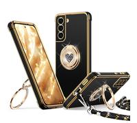 XYZ for Samsung Galaxy S22 Case with Stand, Double Ring Holder Case Heart with Lanyard for Girls Women, Luxury Cute Bling Protective Phone Cover for Samsung S22, Black