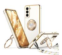 XYZ for Samsung Galaxy S22 Case with Stand, Double Ring Holder Case Heart with Lanyard for Girls Women, Luxury Cute Bling Protective Phone Cover for Samsung S22, White
