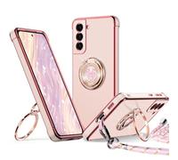 XYZ for Samsung Galaxy S22 Case with Stand, Luxury Bling Cute Heart Lanyard Protective Case for Women Girls, Pink