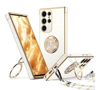 XYZ for Samsung Galaxy S22 Ultra Case with Stand, Double Ring Holder Case Heart with Lanyard for Girls Women, Luxury Cute Bling Protective Phone Cover for Samsung S22 Ultra, White