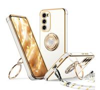XYZ for Samsung Galaxy S23 Case with Stand, S23 Phone Case with Lanyard for Women Girls, Double Ring Bling Luxury Heart Protective Phone Case for Samsung Galaxy S23, White