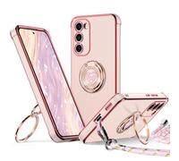 XYZ for Samsung Galaxy S23 Case with Stand, S23 Phone Case with Lanyard for Women Girls, Double Ring Bling Luxury Heart Protective Phone Case, Pink