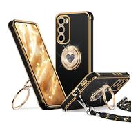 XYZ for Samsung Galaxy S23 Case with Stand, S23 Phone Case with Lanyard for Women Girls, Double Ring Bling Luxury Heart Protective Phone Case for Samsung Galaxy S23, Black