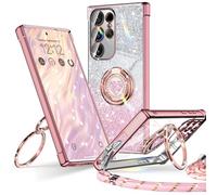 XYZ for Samsung Galaxy S23 Ultra Case with Stand, Cute Luxury Love Heart with Lanyard for Women Girls, Double Ring Bling Glitter Clear Protective Phone Cover for Samsung S23 Ultra, Pink