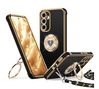 XYZ for Samsung Galaxy S24 Case with Stand, Galaxy S24 Phone Case with Double Ring Heart with Lanyard for Girls Women, Luxury Cute Bling Protective Case for Samsung S24, Black