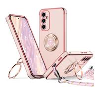 XYZ for Samsung Galaxy S24 Case with Stand, Galaxy S24 Phone Case with Double Ring Heart with Lanyard for Girls Women, Luxury Cute Bling Protective Case for Samsung S24, Pink