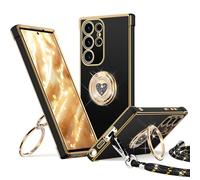 XYZ for Samsung Galaxy S24 Ultra Case with Stand, Galaxy S24 Ultra Phone Case with Double Ring Heart with Lanyard for Girls Women, Luxury Cute Bling Protective Case for Samsung S24 Ultra, Black
