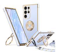 XYZ for Samsung Galaxy S24 Ultra Case with Stand, Galaxy S24 Ultra Phone Case with Double Ring Heart with Lanyard for Girls Women, Luxury Cute Bling Protective Case for Samsung S24 Ultra, Blue