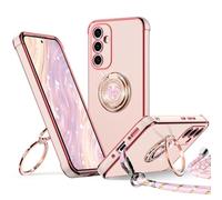 XYZ for Samsung Galaxy S25 Case with Stand, S25 Phone Case with Lanyard for Women Girls, Double Ring Bling Luxury Heart Protective Phone Case for Samsung Galaxy S25, Pink