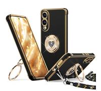 XYZ for Samsung Galaxy S25 Edge Case with Stand, Galaxy S25 Edge Phone Case with Double Ring Heart with Lanyard for Girls Women, Luxury Cute Bling Protective Case for Samsung S25 Edge, Black