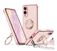 XYZ for Samsung Galaxy S25 Edge Case with Stand, Galaxy S25 Edge Phone Case with Double Ring Heart with Lanyard for Girls Women, Luxury Cute Bling Protective Case for Samsung S25 Edge, Pink