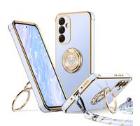 XYZ for Samsung Galaxy S25 FE Case with Stand, Galaxy S25 FE Phone Case with Double Ring Heart with Lanyard for Girls Women, Luxury Cute Bling Protective Cover for Samsung S25 FE, Blue