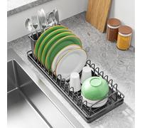 XYZLVSI Small Sink Dish Drying Rack with Drainboard and Utensil Holder, Rustproof Compact Dish Drainer Plate Organizer for Kitchen Countertop & Over The Sink, Black