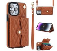 XYZNTMF for iPhone 14 Pro Case Shockproof Wallet Pouch with Card Slots Crossbody Phone Case Premium PU Leather Bumper Wrist Strap Kickstand Full Protective Skin Cover for iPhone 14 Pro, Brown