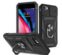 XYZNTMF for iPhone 8 Case iPhone SE 2020 Phone Case SE 2022 Case iPhone 7 Slide Camera Cover Rotatable Kickstand Case Military Grade Shockproof Silicone Bumper Hard PC Anti-Scratch Phone Case, Black