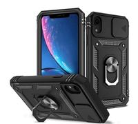 XYZNTMF for iPhone XR Case with Slide Camera Cover Rotatable Kickstand Case Military Grade Shockproof Soft Silicone Bumper Hard PC Anti-Scratch Phone Case for iPhone XR, Black