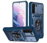 XYZNTMF for Samsung S21 FE Case with Slide Camera Cover Rotatable Kickstand Case Military Grade Shockproof Soft Silicone Bumper Hard PC Anti-Scratch Phone Case for Samsung Galaxy S21 FE, Blue