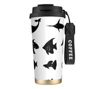XZDAL 316 Stainless Steel Black and White Fish Coffee Cup Black with Lid and Straw for Office and Sports