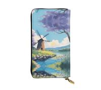 XZDAL Beautiful River Windmill Fashionable Leather Long Clutch Wallet with Card Slots, Cash Pocket, and Zippered Coin Section