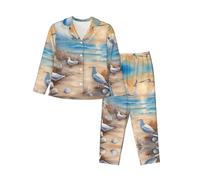 XZDAL Women's Long-Sleeved Many cute seagulls Pajama L Set, Soft, Comfortable, Breathable for Relaxation and Sleep Black