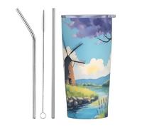 XZDCAL beautiful river windmill 20oz Stainless Steel Mug with Straw and Slide Lid for Coffee, Tea, or Iced Drinks