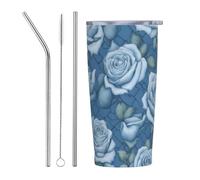 XZDCAL Beautiful roses on blue background 20oz Stainless Steel Mug with Straw and Slide Lid for Coffee, Tea, or Iced Drinks