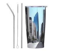 XZDCAL City Street 20oz Stainless Steel Mug with Straw and Slide Lid for Coffee, Tea, or Iced Drinks
