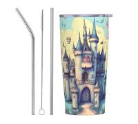 XZDCAL Fairytale Castle 20oz Stainless Steel Mug with Straw and Slide Lid for Coffee, Tea, or Iced Drinks