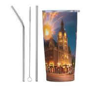 XZDCAL Fiery Red Street 20oz Stainless Steel Mug with Straw and Slide Lid for Coffee, Tea, or Iced Drinks
