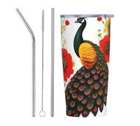 XZDCAL Peacock Red flower 20oz Stainless Steel Mug with Straw and Slide Lid for Coffee, Tea, or Iced Drinks