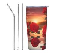 XZDCAL red roses at sunset 20oz Stainless Steel Mug with Straw and Slide Lid for Coffee, Tea, or Iced Drinks
