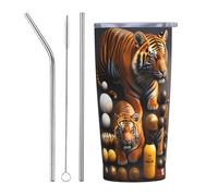 XZDCAL Two Tiger 20oz Stainless Steel Mug with Straw and Slide Lid for Coffee, Tea, or Iced Drinks