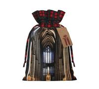 XZDLXJ a Gothic Cathedrals Drawstring Burlap Bag with Plaid Fabric and Kraft Paper Tag