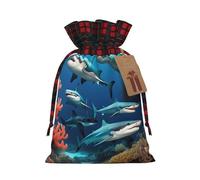 XZDLXJ Submarine shark coral Drawstring Burlap Bag with Plaid Fabric and Kraft Paper Tag