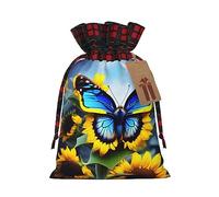 XZDLXJ Sunflower Blue Butterfly Drawstring Burlap Bag with Plaid Fabric and Kraft Paper Tag