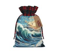 XZDLXJ Wave Sailboat Seagull Drawstring Burlap Bag with Plaid Fabric and Kraft Paper Tag