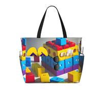 XZDZDG Spacious and Durable Colorful Building Blocks Printed Beach Travel Bag for Beach Trips, Grocery shopping, Swimming Pools