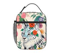 XZDZWK Cute White Tiger Handheld Insulated Lunch Bag with Side Mesh Pockets and Multiple Pockets Suitable for Office Travel Use
