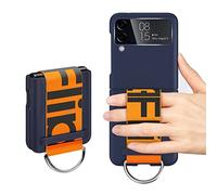 XZEIT Armband Ultra Thin Phone Case for Samsung Galaxy Z Flip 3, Flip 3 5G Compatible, PU Leather Hinged Case with Strap, Navy Blue with Ring Holder