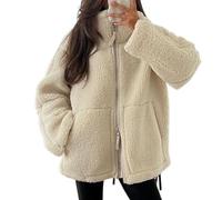 XZEIT Loose Lamb Wool Jacket For Women Stand Collar Long Sleeve Zipper Coat Winter Female Warm Women Outerwear (Color : Beige, Size : Small)