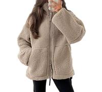XZEIT Loose Lamb Wool Jacket For Women Stand Collar Long Sleeve Zipper Coat Winter Female Warm Women Outerwear (Color : Khaki, Size : Small)