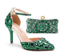 XZEIT Shoes and Bags Matching Sets Wedding Shoes for Bride Bridesmaid Women Closed Toe Pointed Toe PU Pumps with Rhinestone Crystal Stiletto Wedding Party 7.5CM,Green,4 UK