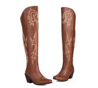 XZEIT Women's Boots Cowboy Boots Party Embroidered Over The Knee Boots Thigh High Boots Winter Embroidery Chunky Heel Pointed Toe Bohemia PU Zipper,Brown,8 UK